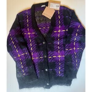 Miu Miu Cardigan sweater Mohair 2019 Purple Viola Check Plaid Argyle New W Tags